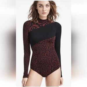 Wolford Black and Burgundy Long-Sleeve Patterned Bodysuit